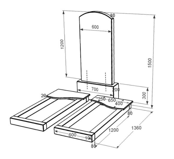 Розміри Пам'ятник із граніту з повним поліруванням сторін подвійний із чорного граніту Коростишів з хвилею різьблений к15-kor-npf-120-60-08-009