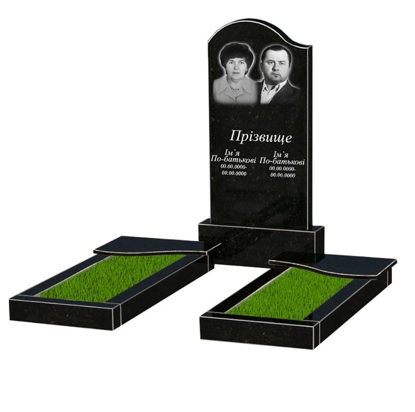 Основне Пам'ятник із граніту з 2 надгробками подвійний із чорного граніту Коростишів з хвилею різьблений к15-kor-npf-100-50-08-011