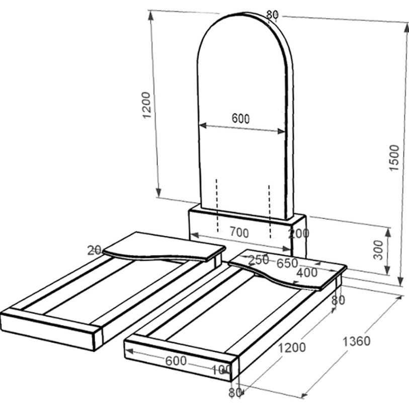 Розміри Гранітний пам'ятник високий подвійний із чорного граніту Коростишів з хвилею різьблений к15-kor-pf-120-60-08-006