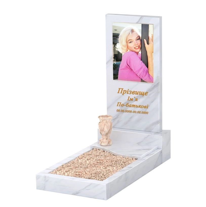 Основне Мармуровий пам'ятник дівчинам одинарний з білого мармуру Волокас з хвилею різьблений к5-vol-pf-80-40-05-001