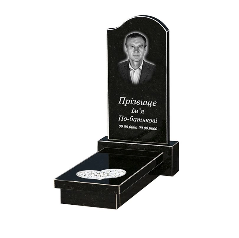 Основне Одинарний пам'ятник із граніту із чорного граніту Коростишів з серцем та хвилею різьблена робота к11-kor-npf-80-40-05-011-r