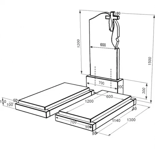 Розміри Пам'ятник із граніту високий подвійний із чорного граніту Коростишів з хрестом та плащаницею різьблений к21-kor-npf-120-60-08-142-r