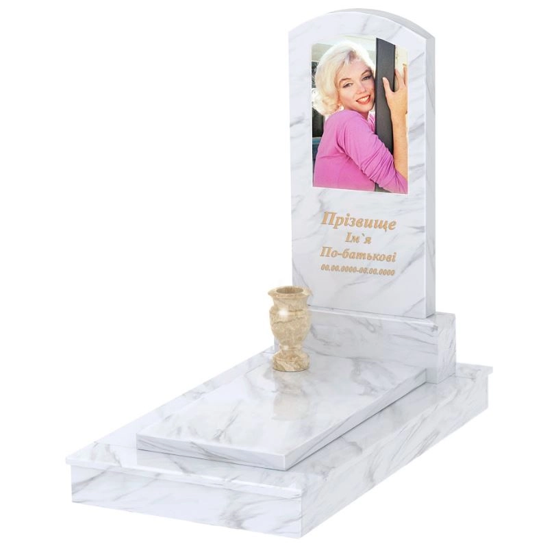 Основне Мармуровий пам'ятник на могилу одинарний з білого мармуру Волокас з дугою різьблений к7-vol-pf-100-50-08-009-ck