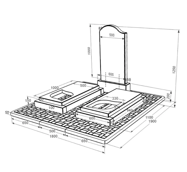 Розміри Пам'ятник із граніту з бетонною плитою подвійний із чорного граніту Коростишів з листом різьблена робота к22-kor-pf-100-50-08-011-l-pbd2