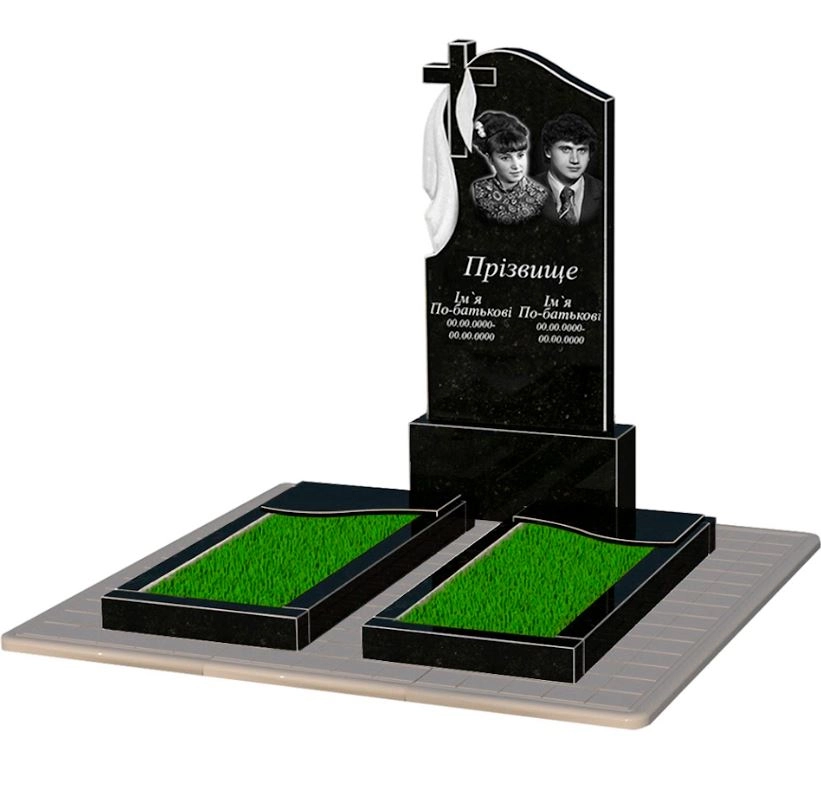 Основне Пам'ятник із граніту на могилу подвійний із чорного граніту Коростишів з хвилею різьблений к16-kor-npf-120-60-08-142-pbd3