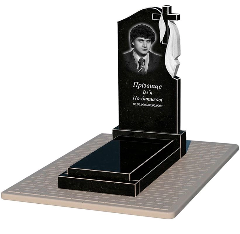 Основное Гранит надгробие юношам одинарный из черного гранита Коростышев с крестом и плащаницей резной к12-kor-npf-100-50-08-142-r-pbd2