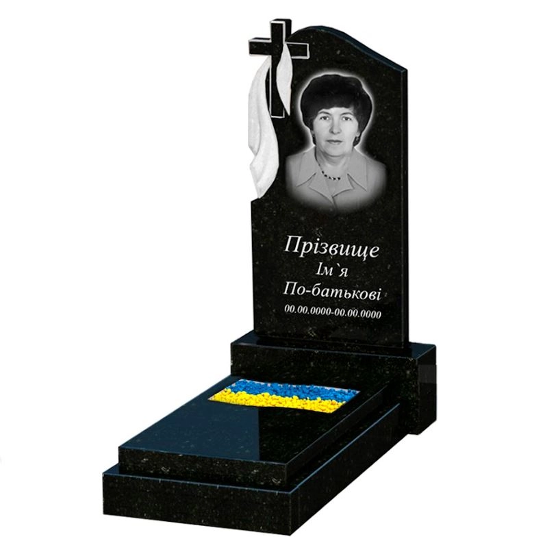 Основне Гранітний пам'ятник з вирізаним прапором одинарний із чорного граніту Коростишів к6-kor-pf-80-40-08-142