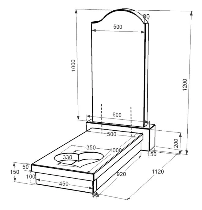Розміри Гранітний пам'ятник з хвилею та серцем різьблений одинарний із чорного граніту Коростишів к11-kor-npf-100-50-08-011-r