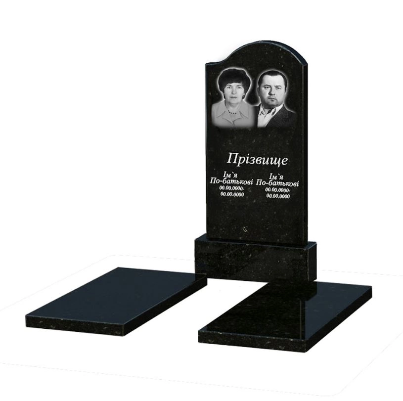 Основне Гранітний пам'ятник з полірованими фасками подвійний із чорного граніту Коростишів з хвилею різьблений к17-kor-pf-100-50-08-011-r