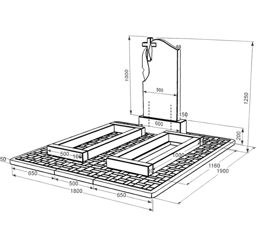 Розміри Пам'ятник на могилу із граніту з хрестом різьблена робота подвійний із чорного граніту Коростишів к14-kor-pf-100-50-08-142-pbd2