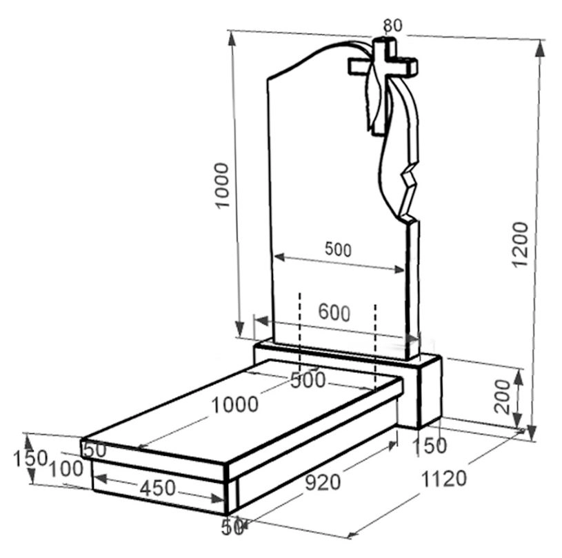 Розміри Надгробок із граніту з хрестом різьблений одинарний із чорного граніту Коростишів к10-kor-pf-100-50-08-142