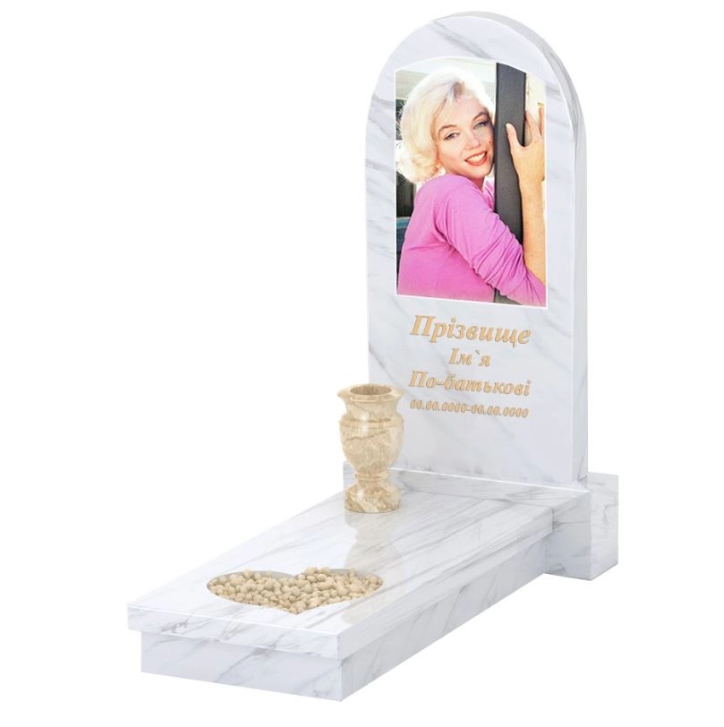 Основне Мармуровий пам'ятник на кладовище одинарний з білого мармуру Волокас з серцем різьблена робота з полукруглою стелою к11-vol-pf-100-50-08-006