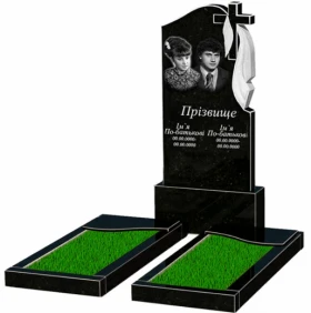 Надгробок із граніту із неполірованими фасками подвійний із чорного граніту Коростишів з хвилею різьблений к16-kor-npf-120-60-08-142-r