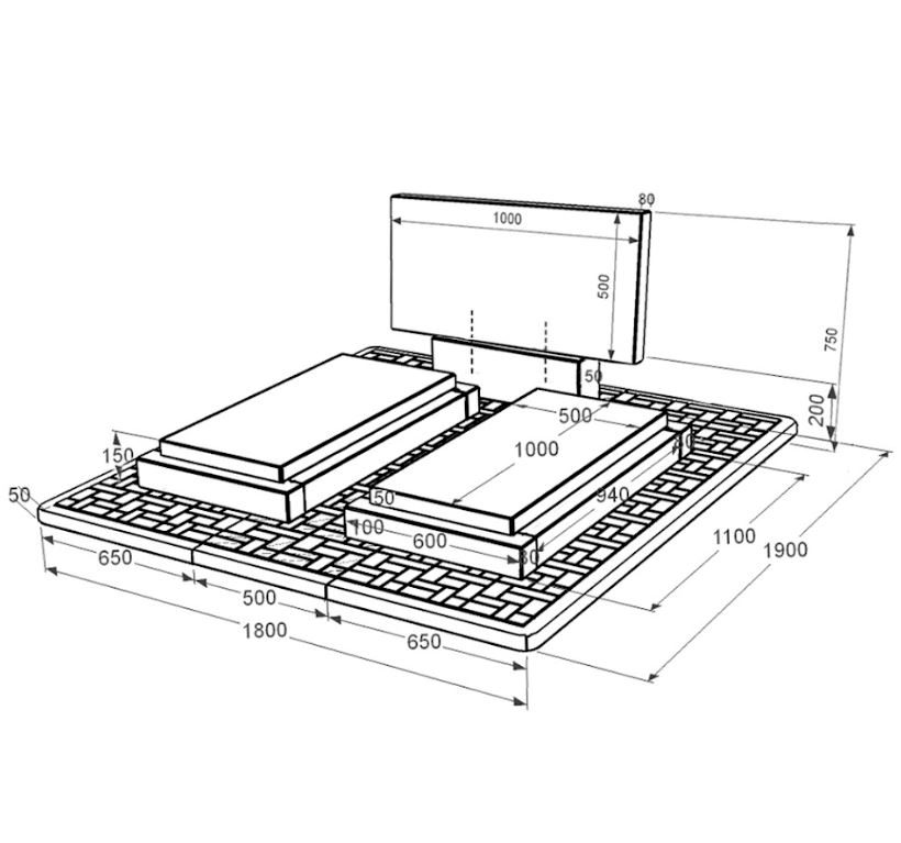 Размеры Гранитный памятник горизонтальный двойной из черного гранита Коростышев без резных работ к21-kor-npf-50-100-08-001-pbd2