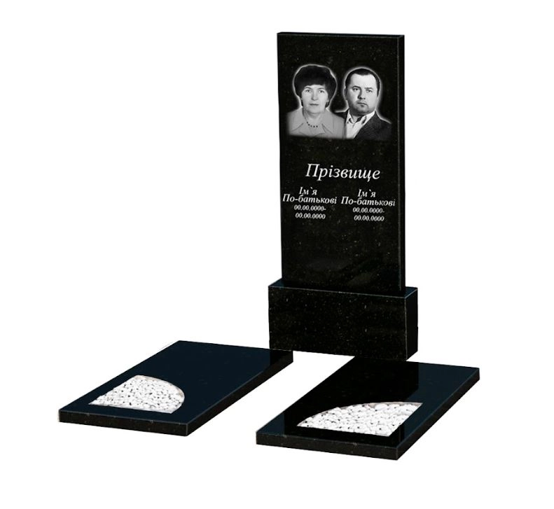 Основное Гранитный памятник с 2 надгробиями двойной из черного гранита Коростышев с вырезанным уголком к18-kor-pf-120-60-08-001