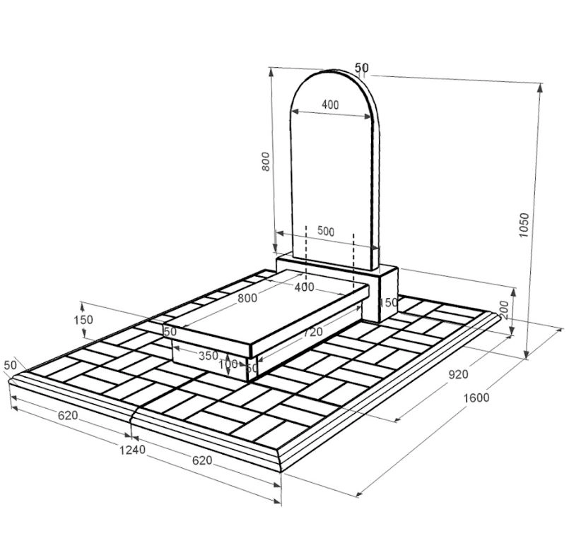 Размеры Гранитный памятник с полукруглой стелой одинарный из черного гранита Коростышев к10-kor-pf-80-40-05-006-pbd1