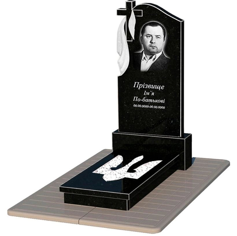 Основне Надгробок із граніту з Тризубом резним одинарний із чорного граніту Коростишів к8-kor-npf-120-60-08-142-pbd3