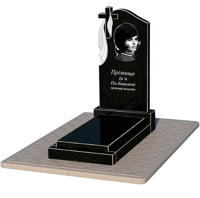 Основне Гранітний пам'ятник дівчинам одинарний із чорного граніту Коростишів з хрестом різьблений з плащаницею різьблений к12-kor-npf-100-50-08-142-pbd2
