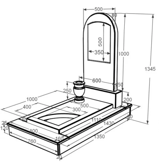Розміри Мармуровий пам'ятник дівчинам одинарний з білого мармуру Волокас з вирізаним куточком з полукруглою стелою к9-vol-pf-100-50-08-006-ck