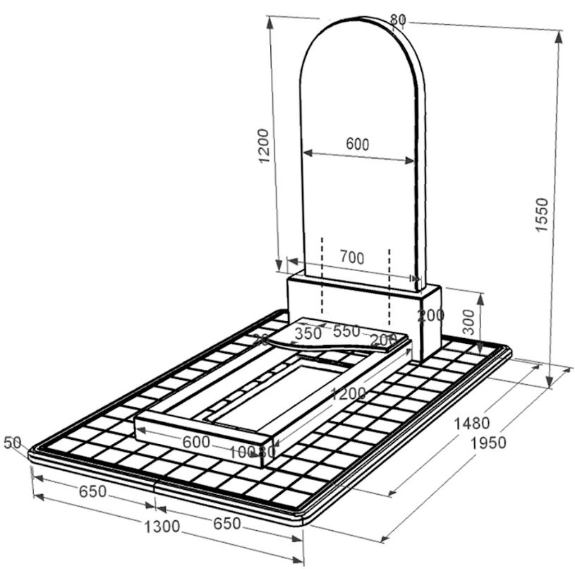Размеры Камень на могилу из гранита с цветником одинарный из черного гранита Коростышев с волной резной к4-kor-npf-120-60-08-006-pbd3
