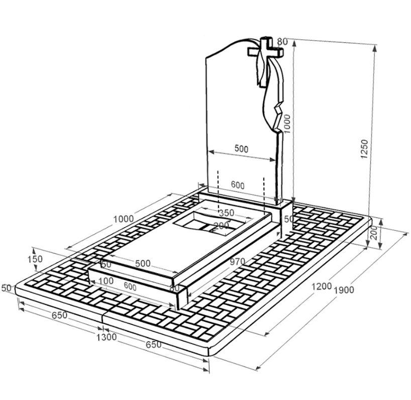 Розміри Гранітна плита на могилу з вирізаним прапором одинарний із чорного граніту Коростишів к6-kor-pf-100-50-08-142-r-pbd2