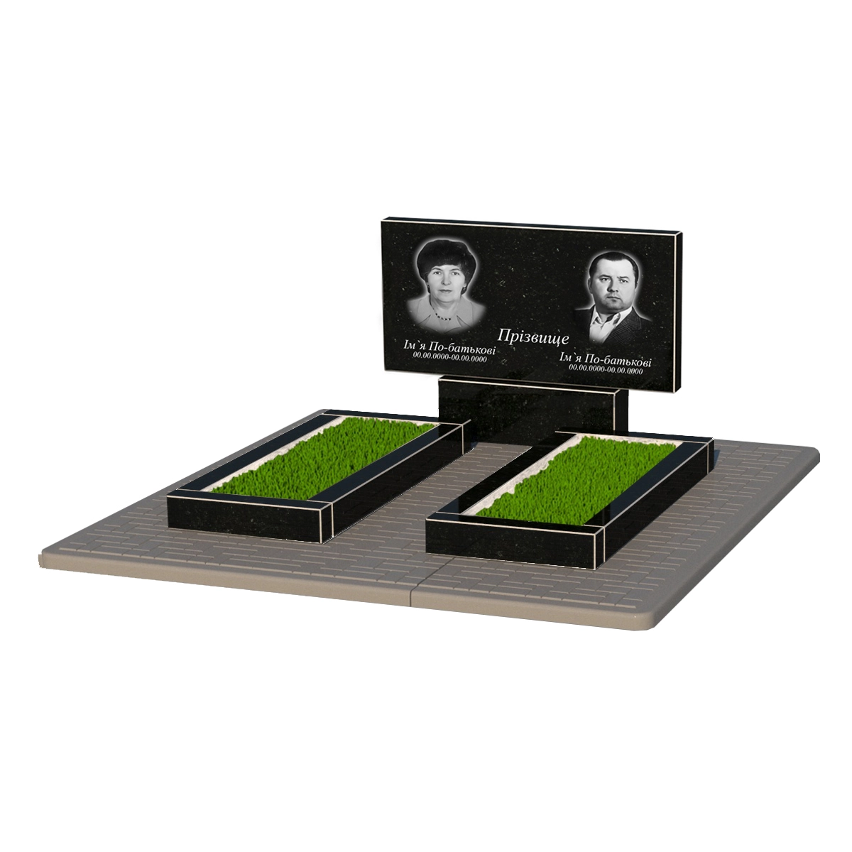 Основне Гранітний пам'ятник на кладовище з квітником подвійний із чорного граніту Коростишів без різьблених робіт к14-kor-npf-50-100-08-001-pbd2