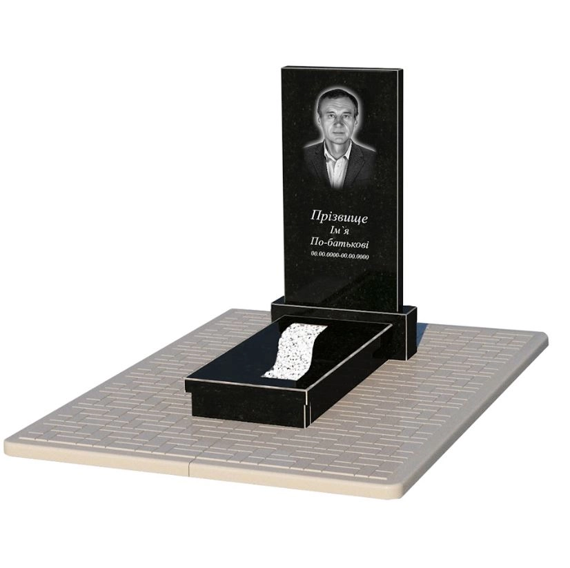 Основное Гранит надгробие с декорированием белой галькой одинарное из черного гранита Коростышев с вырезанной полосой к23-kor-npf-100-50-08-001-pbd2