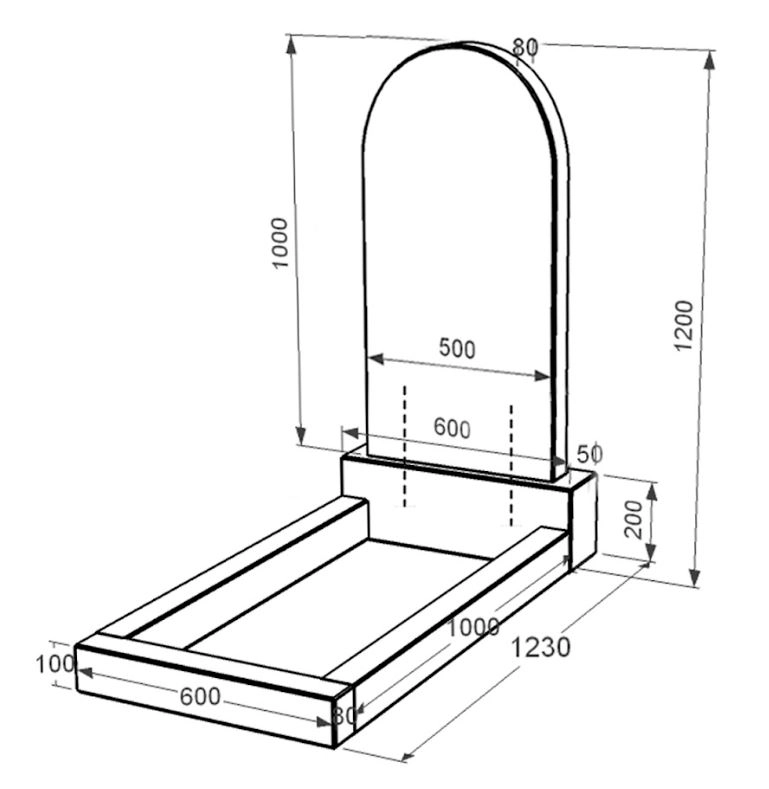 Розміри Пам'ятник із граніту з полукруглою стелою одинарний із чорного граніту Коростишів к2-kor-npf-100-50-08-0066