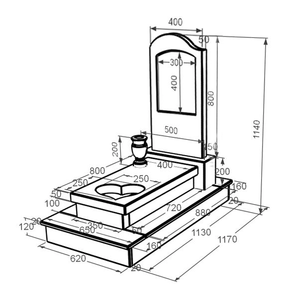 Розміри Мармуровий пам'ятник висотою 100 см одинарний з білого мармуру Волокас з хвилею різьблений з серцем різьблена робота к11-vol-pf-80-40-05-011-l-ck