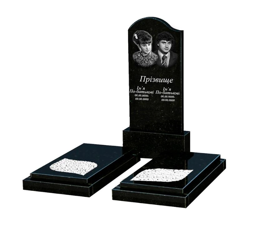 Основное Гранитный памятник черного цвета двойной из черного гранита Коростышев с листом резная работа к22-kor-pf-120-60-08-011-l