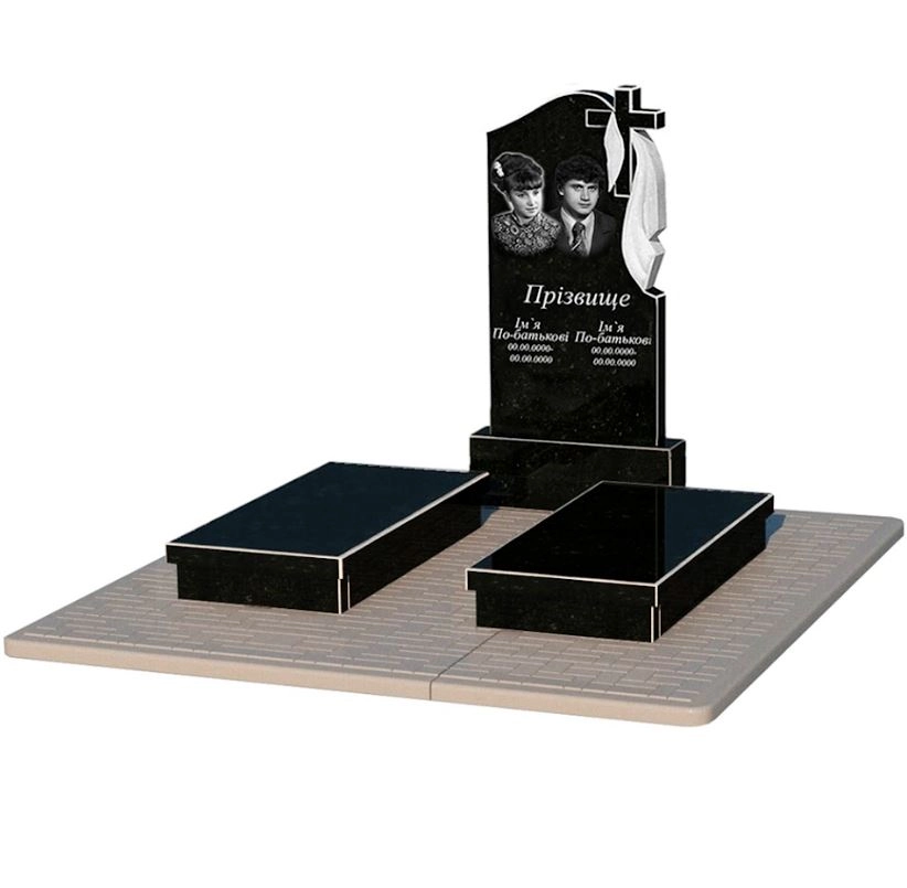 Основне Гранітний пам'ятник з хрестом різьблений подвійний із чорного граніту Коростишів к19-kor-npf-100-50-08-142-r-pbd2