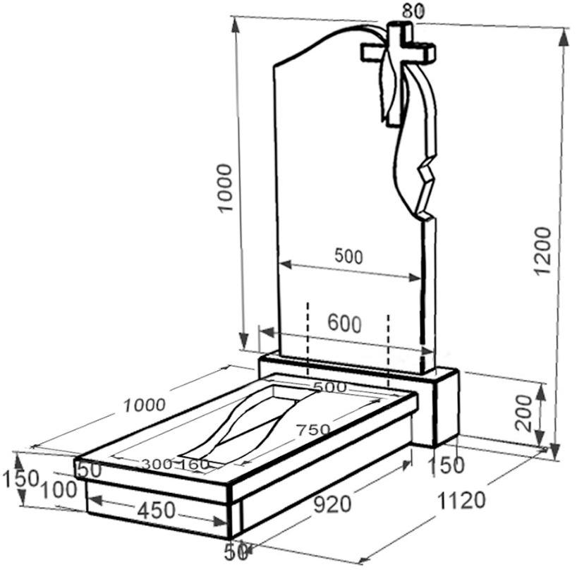 Размеры Гранитный памятник с вырезанной полосой одинарный из черного гранита Коростышев с крестом и плащаницей резной к23-kor-npf-100-50-08-142-r