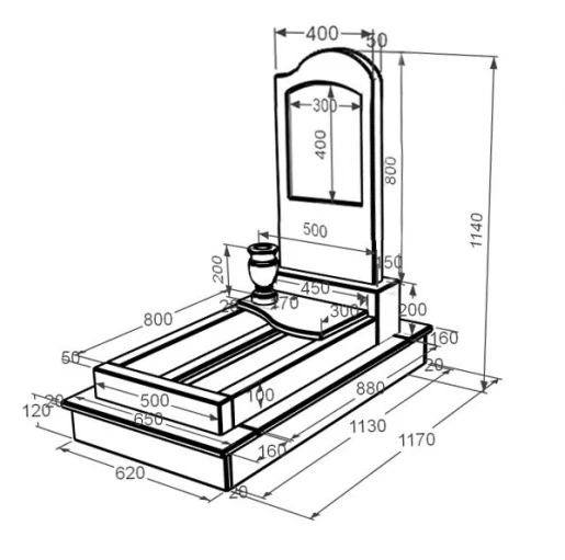 Розміри Мармуровий пам'ятник низький одинарний з мармуру Дайна з хвилею різьблений к5-dan-pf-80-40-05-011-r-ck