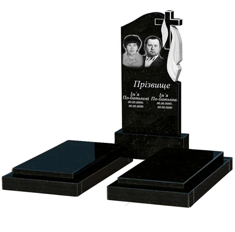 Основное Гранитный памятник на двоих из черного гранита Коростышев с крестом резные и резной к21-kor-pf-100-50-08-142-r
