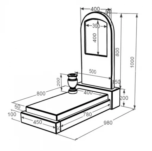 Размеры Надгробие из мрамора девушкам одинарное из мрамора Дайна с полукруглой стелой к12-dan-pf-80-40-05-006
