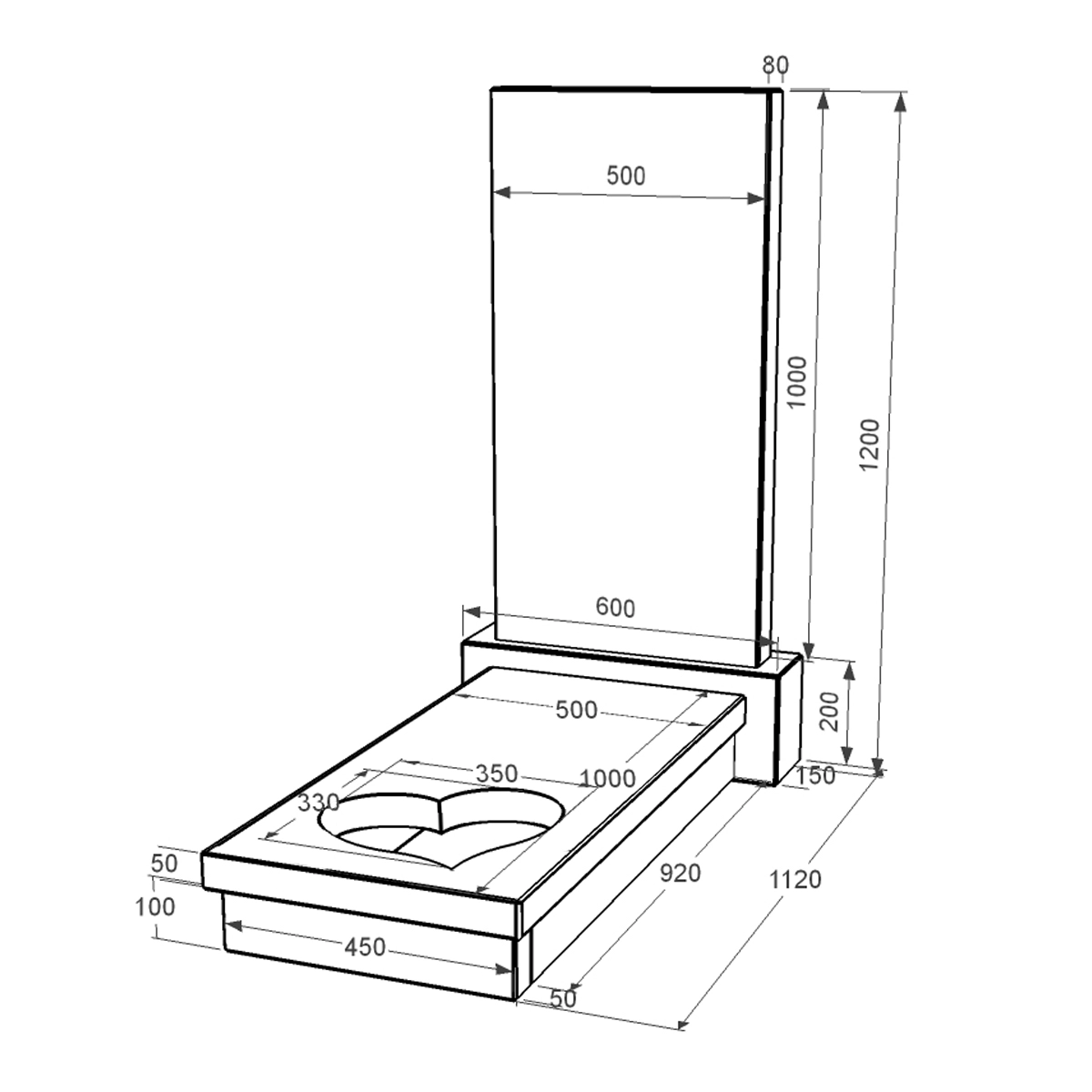 Розміри Гранітний пам'ятник на одного із чорного граніту Коростишів з серцем різьблена робота к11-kor-npf-100-50-08-001