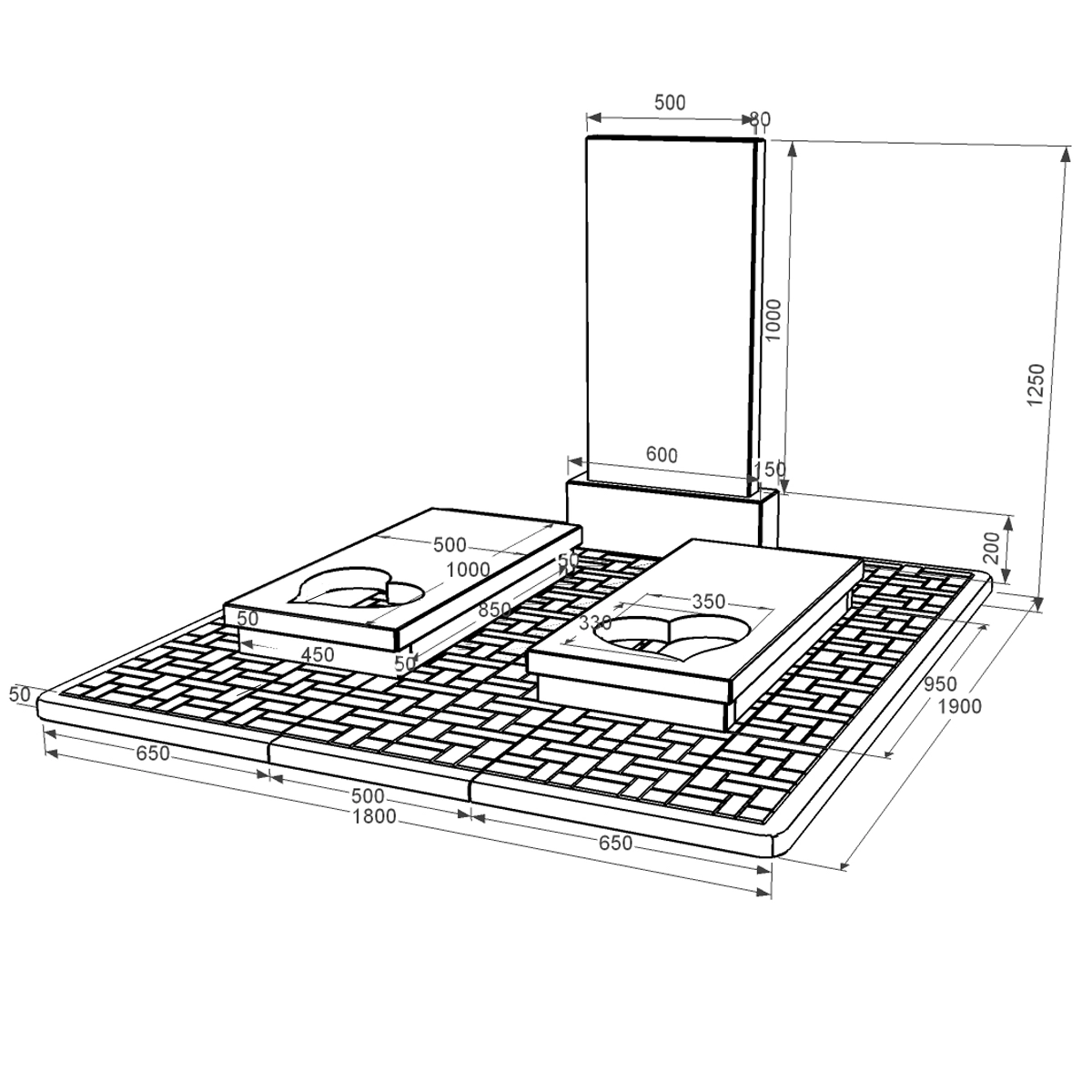 Розміри Гранітний пам'ятник висотою 120 см подвійний із чорного граніту Коростишів з серцем різьблена робота к22-kor-npf-100-50-08-001-pbd2