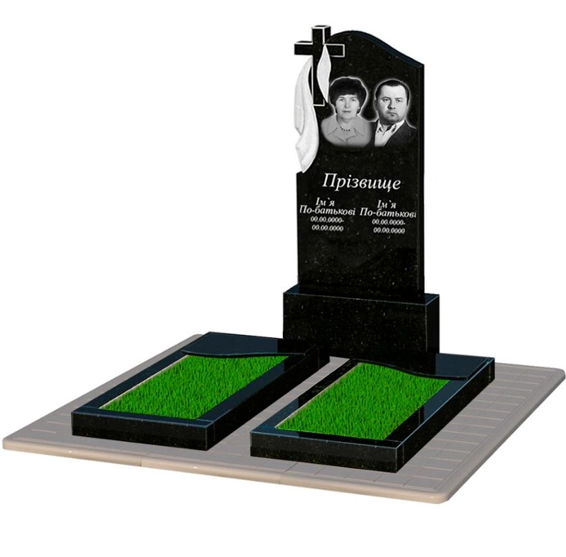 Основное Гранитный памятник семейный двойной из черного гранита Коростышев с волной резной к16-kor-pf-120-60-08-142-pbd3