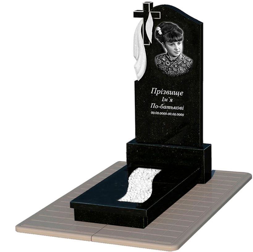 Основне Гранітний пам'ятник з вирізаною смугою одинарний із чорного граніту Коростишів з хрестом та плащаницею різьблений к23-kor-pf-120-60-08-142-pbd3