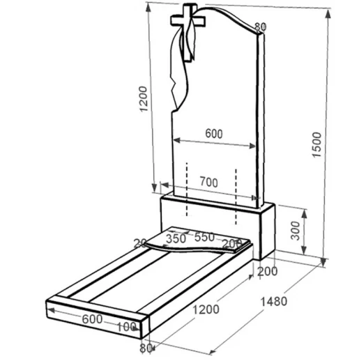 Размеры Гранитный памятник с 1 надгробием одинарный из черного гранита Коростышев с волной резной к4-kor-pf-120-60-08-142