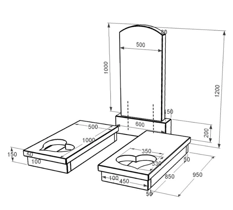 Розміри Подвійний гранітний пам'ятник із чорного граніту Коростишів з серцем різьблена робота к20-kor-npf-100-50-08-009
