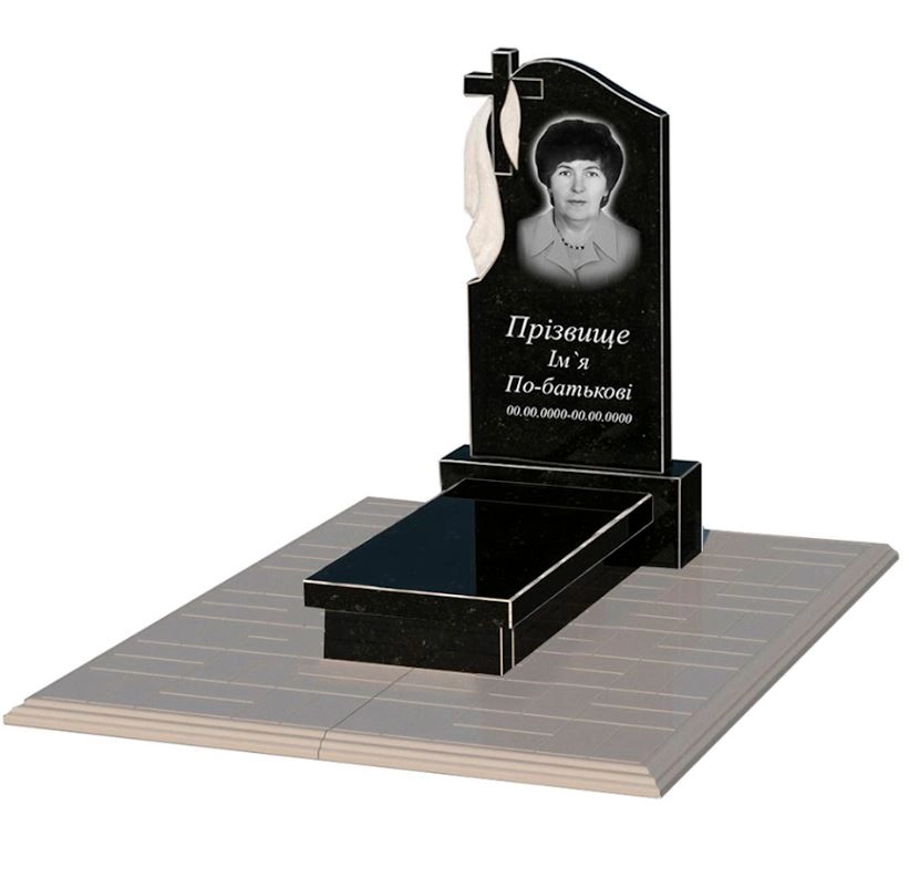 Основне Гранітний пам'ятник жіночі одинарний із чорного граніту Коростишів з хрестом різьблений з плащаницею різьблений к10-kor-npf-80-40-05-142-pbd1