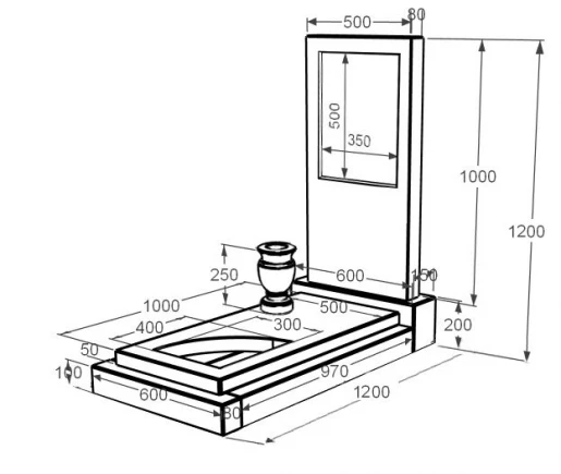 Размеры Мраморный памятник среднего размера одинарный из белого мрамора Волокас с вырезанным уголком к24-vol-pf-100-50-08-001