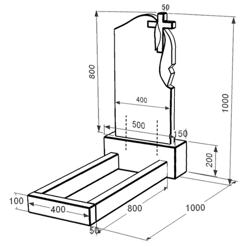 Размеры Гранитный могильный камень маленький одинарный из черного гранита Коростышев с крестом и плащаницей резной к1-kor-npf-80-40-05-142-r