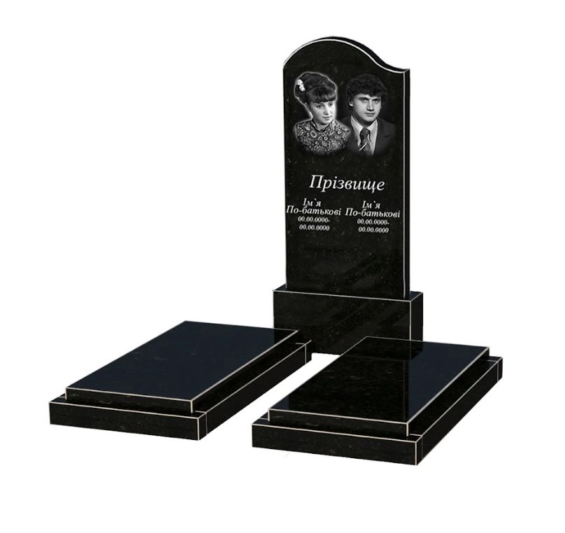 Основне Гранітний пам'ятник елітний подвійний із чорного граніту Коростишів з хвилею різьблений к21-kor-npf-120-60-08-011