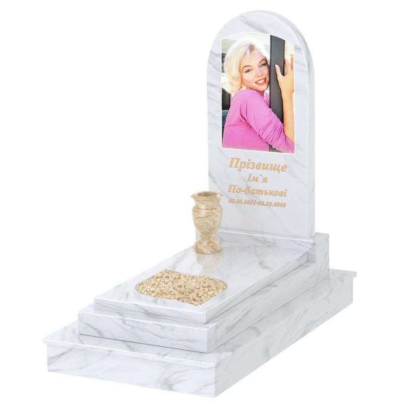 Основне Одинарний мармуровий пам'ятник з білого мармуру Волокас з листом різьблена робота з полукруглою стелою к13-vol-pf-100-50-08-006-ck