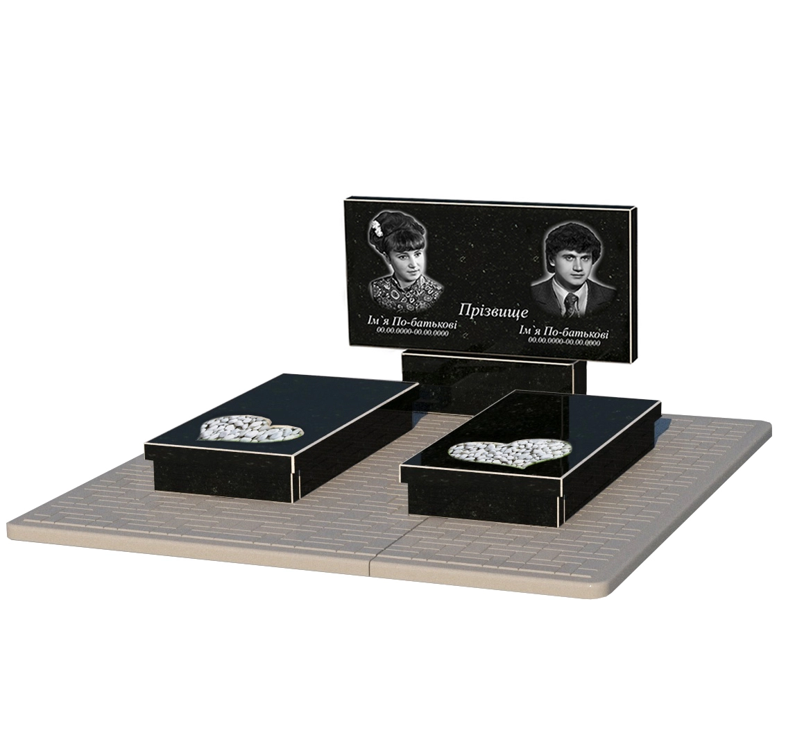 Основне Гранітний пам'ятник з серцем різьблена робота подвійний із чорного граніту Коростишів к20-kor-npf-50-100-08-001-pbd2