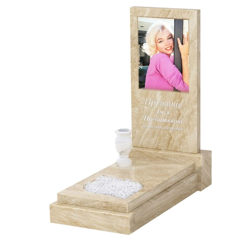 Основне Мармуровий пам'ятник дівчинам одинарний з бежевого мармуру Дайна з листом різьблена робота к13-dan-pf-80-40-05-001