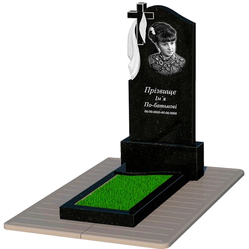 Основне Гранітний пам'ятник жіночий одинарний із чорного граніту Коростишів з хвилею різьблений к4-kor-pf-120-60-08-142-pbd3