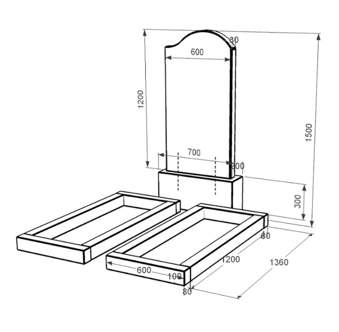 Розміри Гранітний камінь на могилу з квітником без плити подвійний із чорного граніту Коростишів з хвилею різьблений к14-kor-pf-120-60-08-011-r